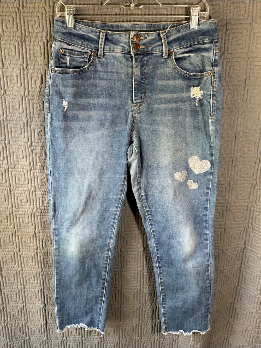 No Boundaries Light Blue Distressed Ankle Jeans with Sparkle Hearts